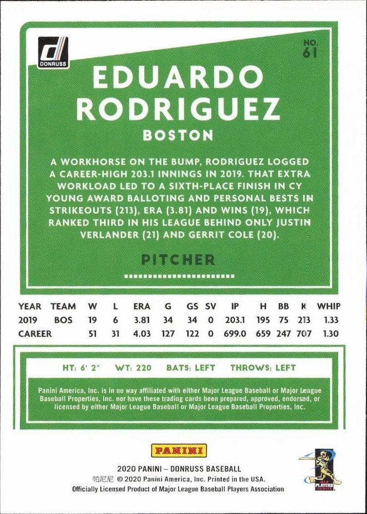 2020 Panini Donruss Eduardo Rodriguez #61 baseball trading card back
