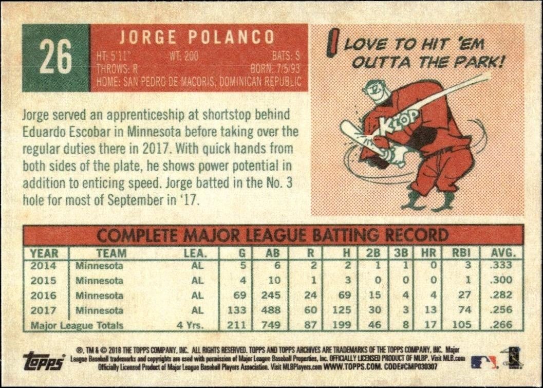 2018 Topps Heritage Jorge Polanco #26 baseball trading card back