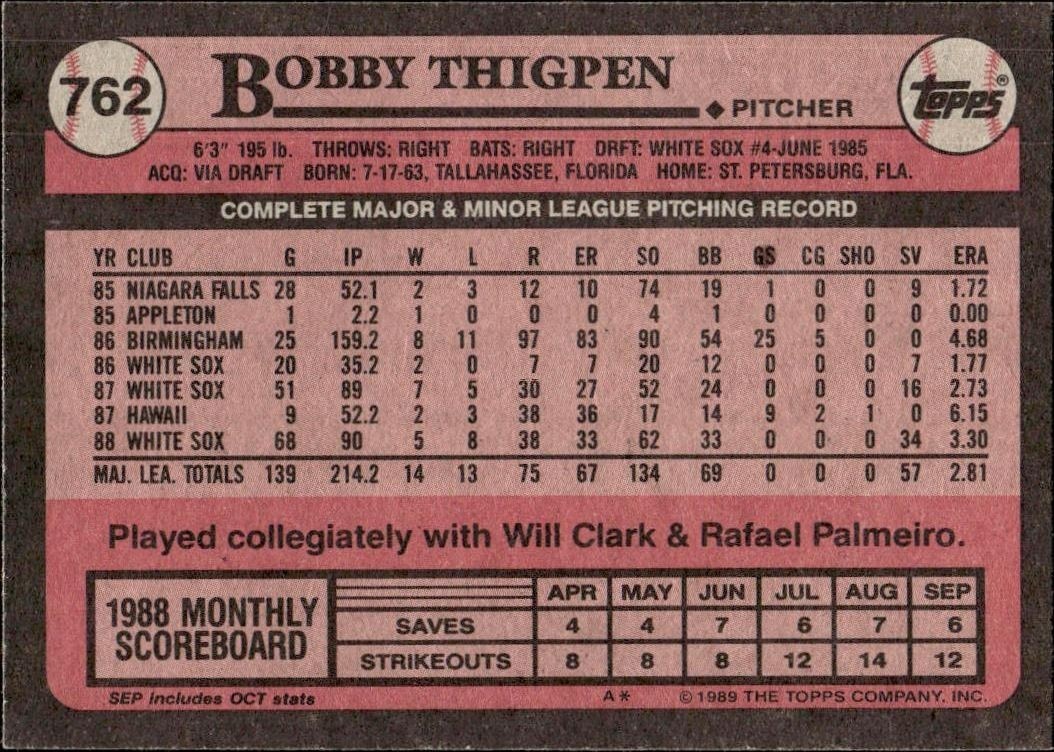 1989 Topps Bobby Thigpen #762 baseball trading card back