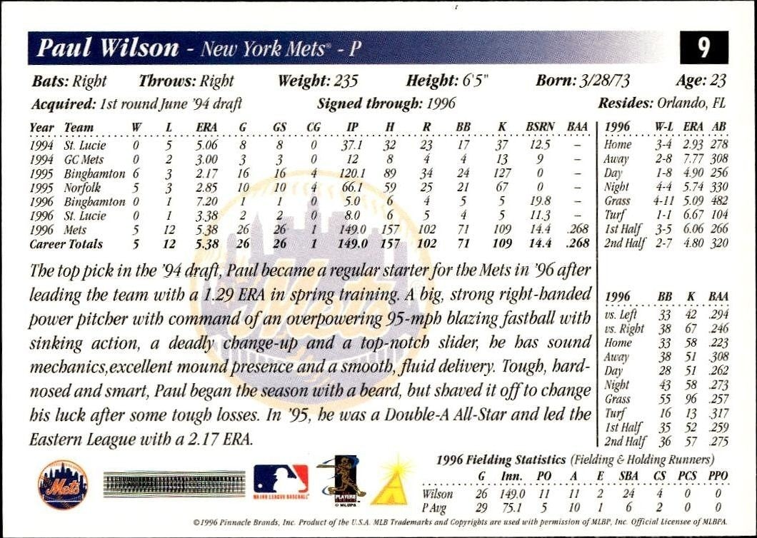 1997 Pinnacle Score Paul Wilson #9 baseball trading card back