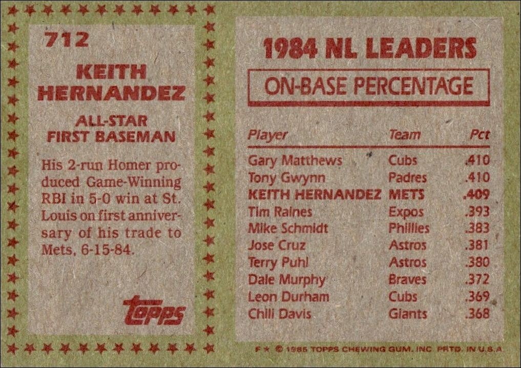 1985 Topps Keith Hernandez #712 baseball trading card back