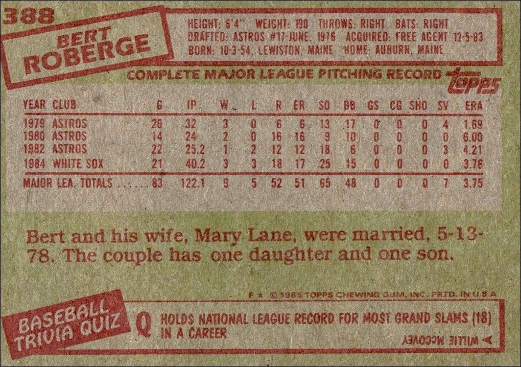 1985 Topps Bert Roberge #388 baseball trading card back