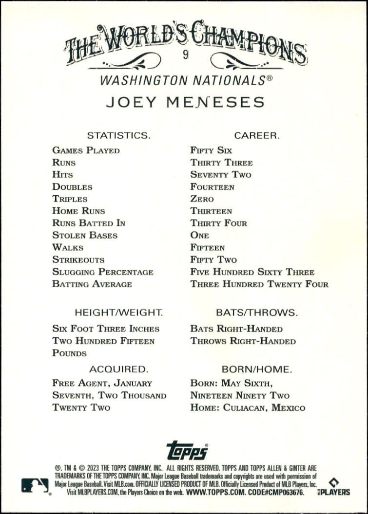 2023 Topps Allen & Ginter Joey Meneses #9 baseball trading card back