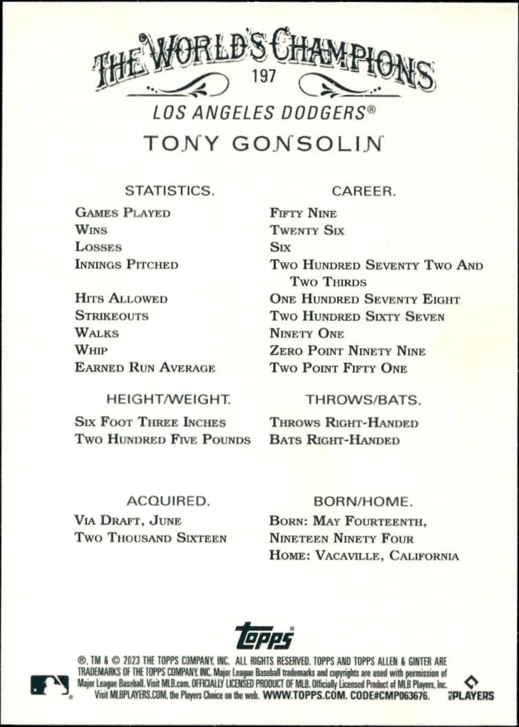 2023 Topps Allen & Ginter Tony Gonsolin #197 baseball trading card back