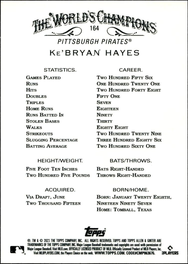 2023 Topps Allen & Ginter Ke'Bryan Hayes #164 baseball trading card back