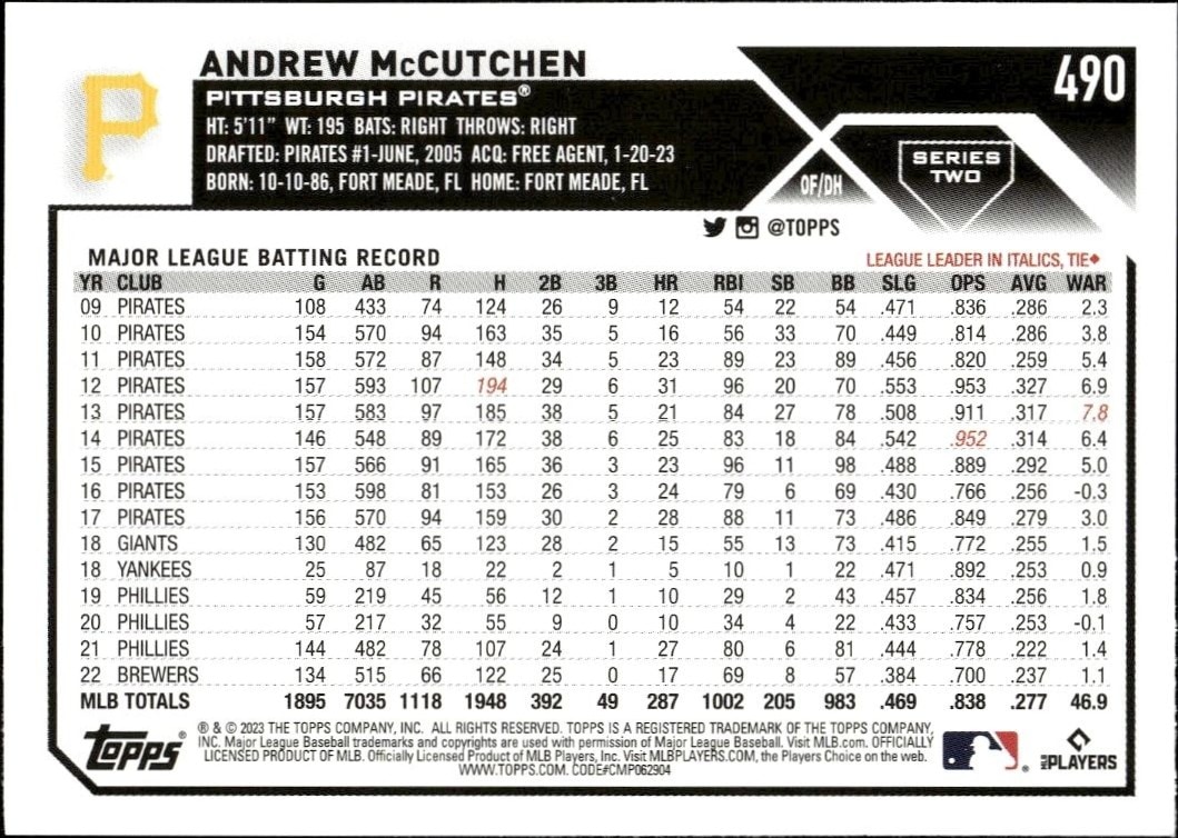 2023 Topps Series 2 Andrew McCutchen #490 baseball trading card back