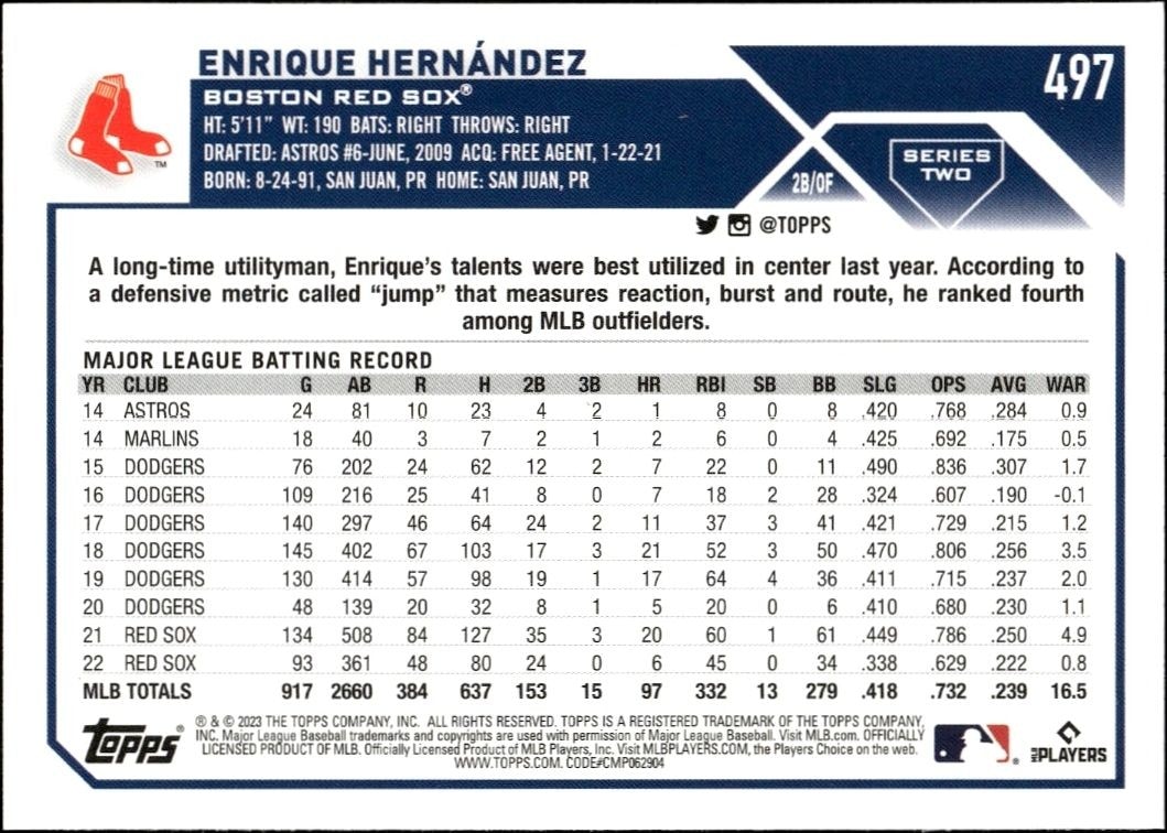 2023 Topps Series 2 Enrique Hernandez #497 baseball trading card back