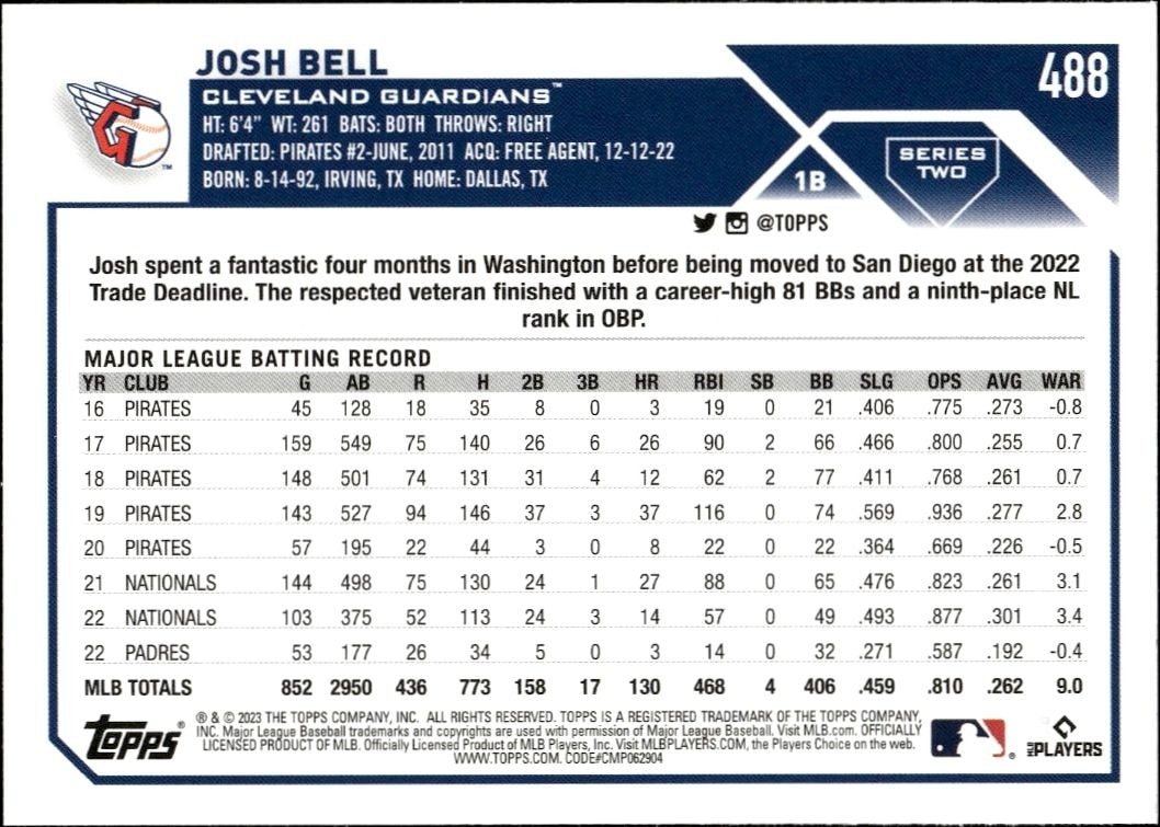 2023 Topps Series 2 Josh Bell #488 baseball trading card back