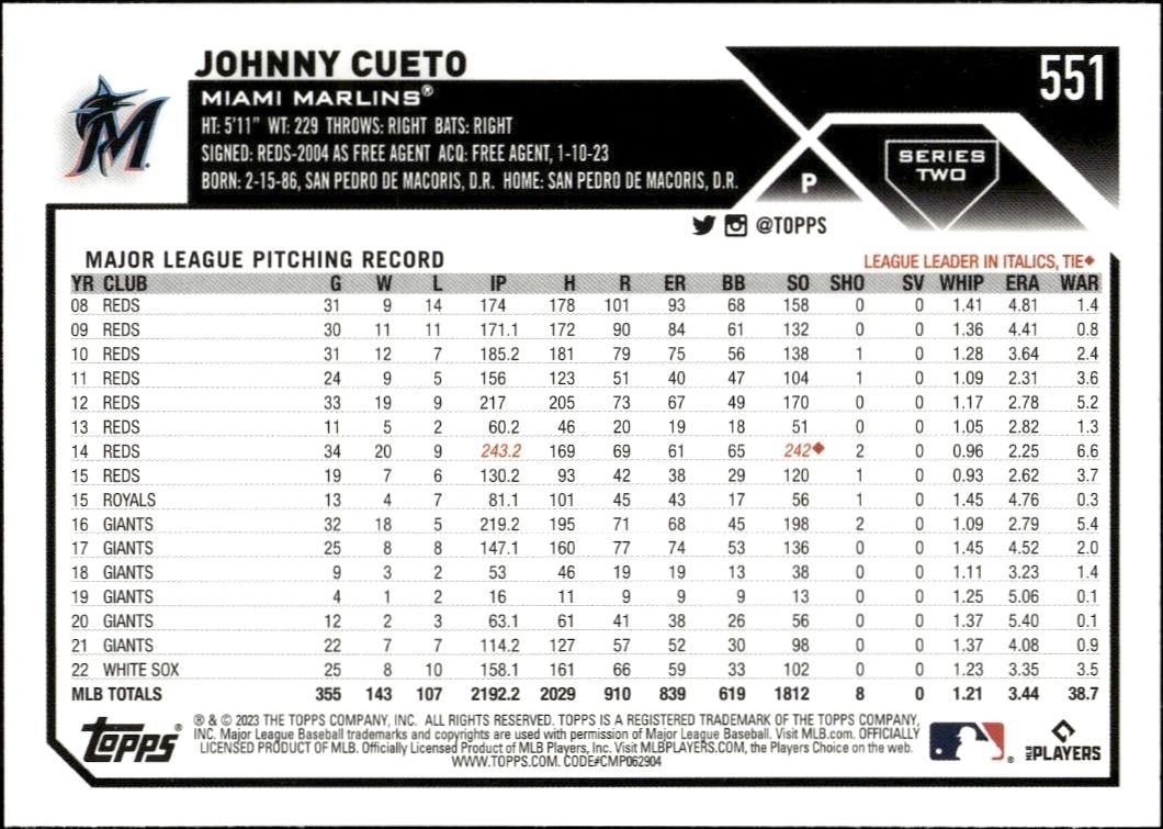 2023 Topps Series 2 Johnny Cueto #551 baseball trading card back