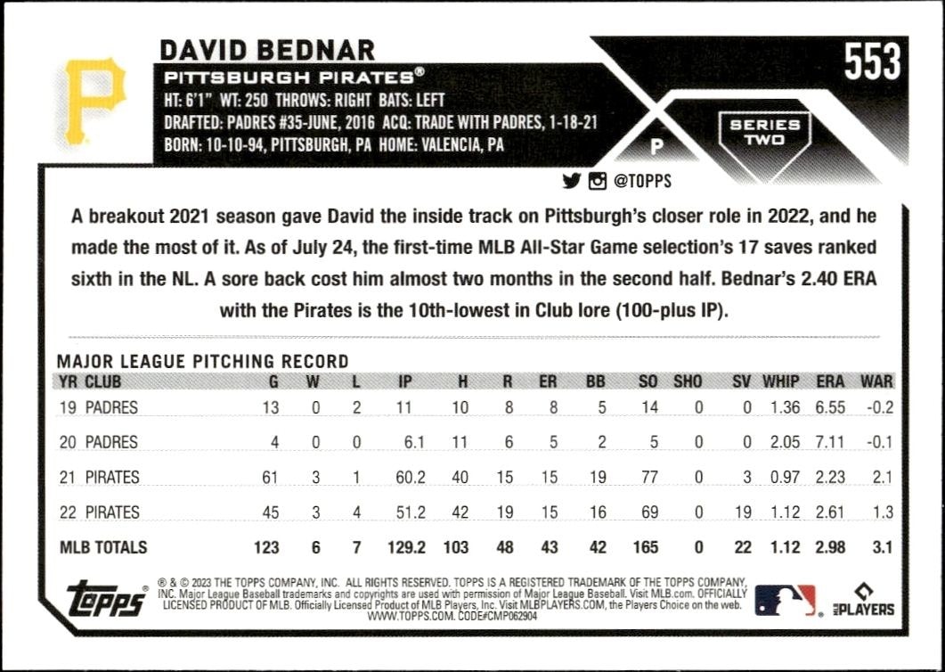 2023 Topps Series 2 David Bednar #553 baseball trading card back