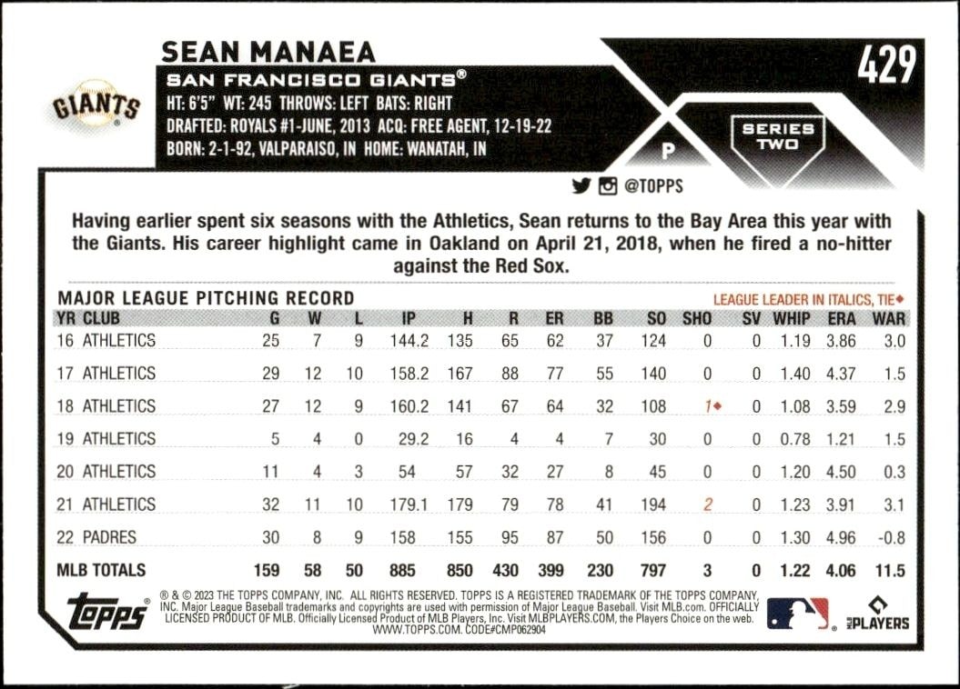 2023 Topps Series 2 Sean Manaea #429 baseball trading card back