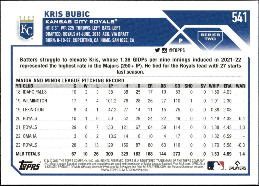 2023 Topps Series 2 Kris Bubic #541 baseball trading card back