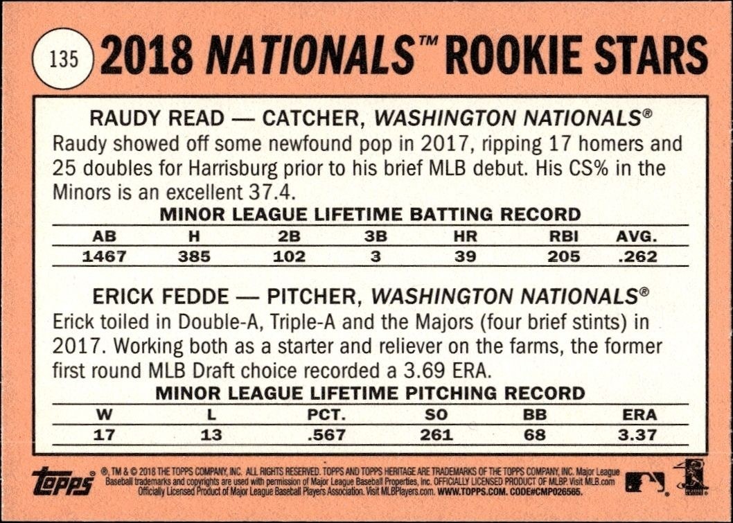 2018 Topps Heritage Raudy Read #135 baseball trading card back