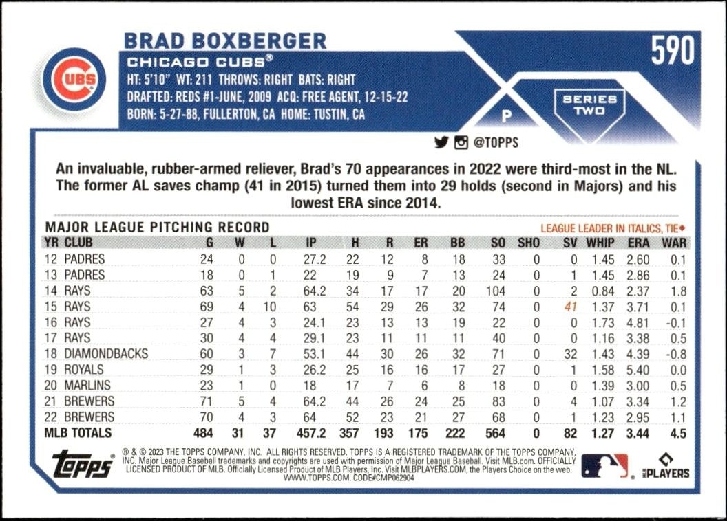 2023 Topps Series 2 Brad Boxberger #590 baseball trading card back
