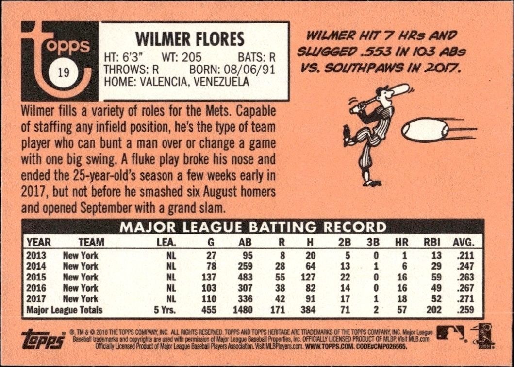 2018 Topps Heritage Wilmer Flores #19 baseball trading card back