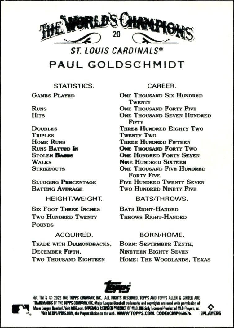 2023 Topps Allen & Ginter Paul Goldschmidt #20 baseball trading card back