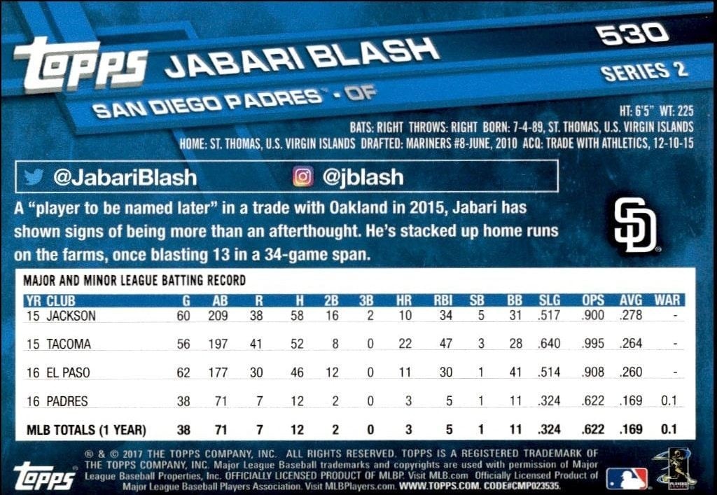 2017 Topps Series 2 Jabari Blash #530 baseball trading card back