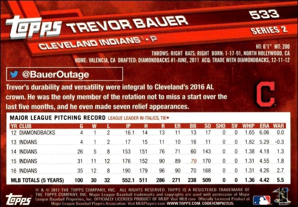 2017 Topps Series 2 Trevor Bauer #533 baseball trading card back
