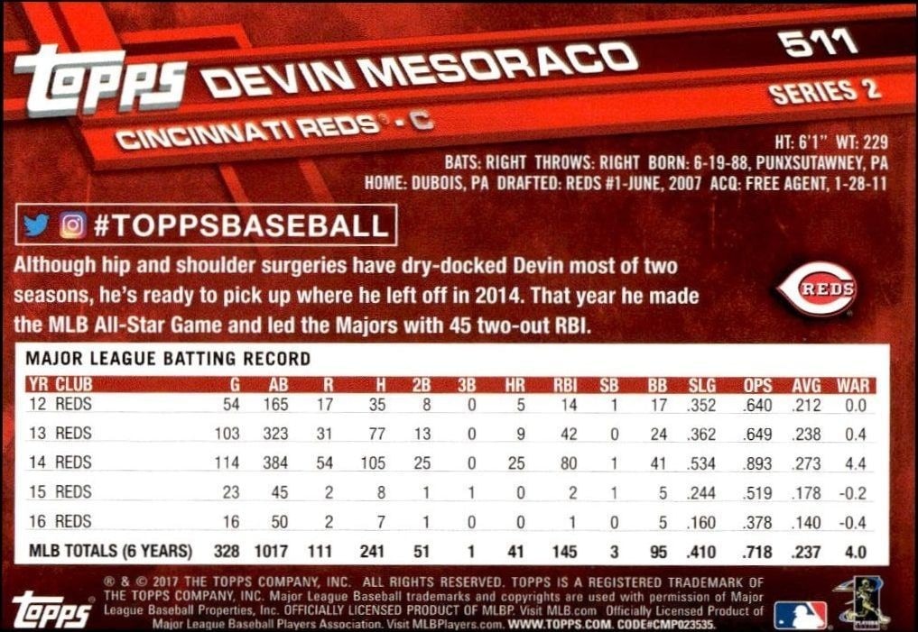 2017 Topps Series 2 Devin Mesoraco #511 baseball trading card back