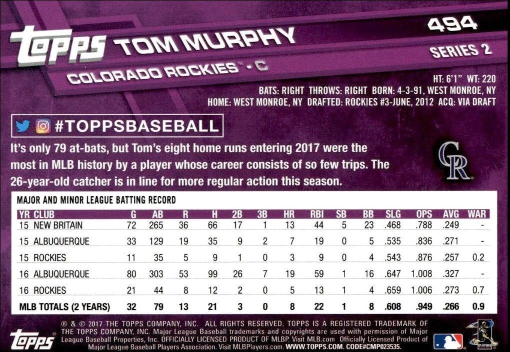 2017 Topps Series 2 Tom Murphy #494 baseball trading card back
