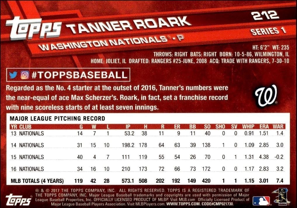 2017 Topps Tanner Roark #212 baseball trading card back