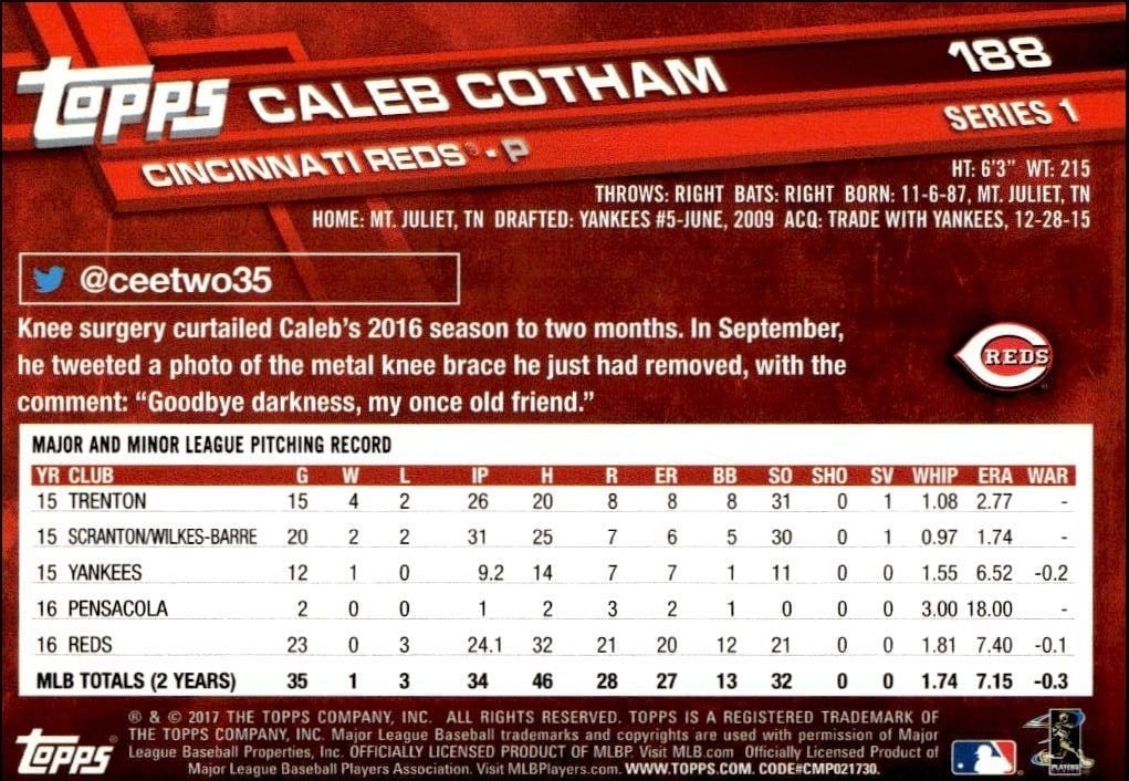 2017 Topps Caleb Cotham #188 baseball trading card back