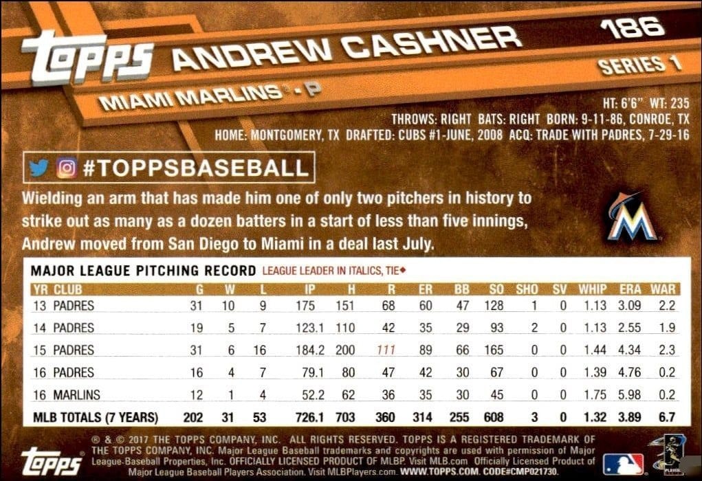 2017 Topps Andrew Cashner #186 baseball trading card back