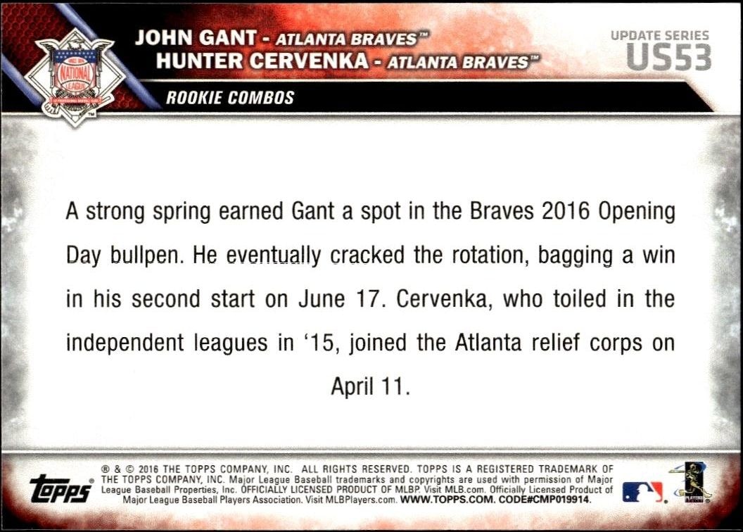 2016 Topps Update Series John Gant #US53 baseball trading card back