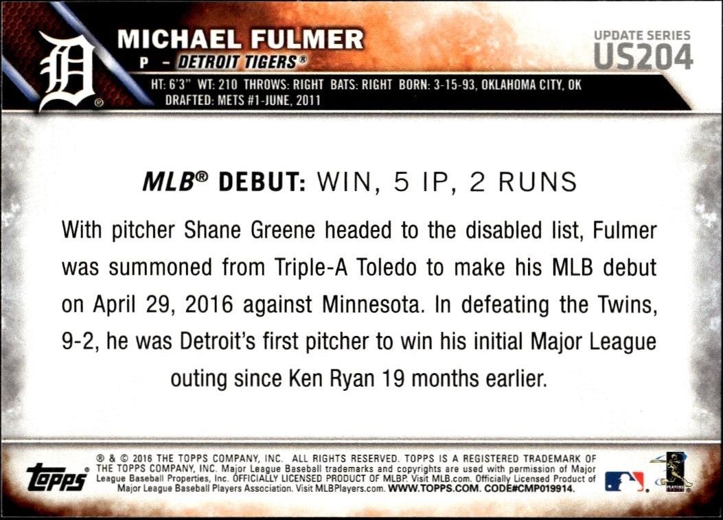 2016 Topps Update Series Michael Fulmer #US204 baseball trading card back