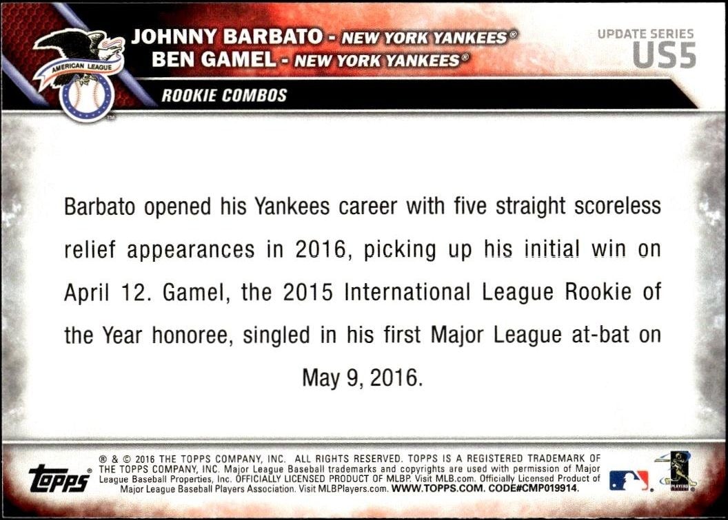 2016 Topps Update Series Johnny Barbato #US5 baseball trading card back
