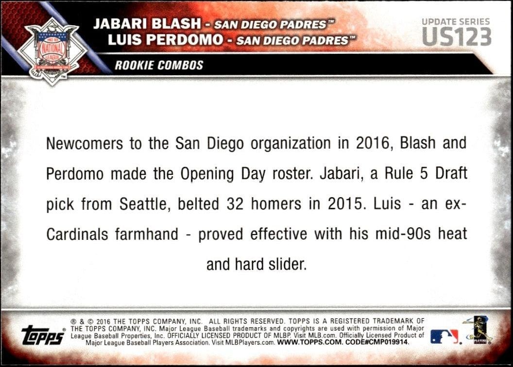2016 Topps Update Series Jabari Blash #US123 baseball trading card back