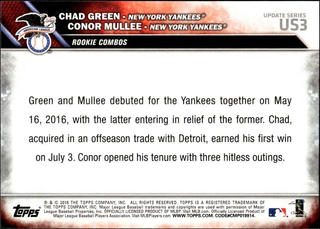 2016 Topps Update Series Chad Green #US3 baseball trading card back