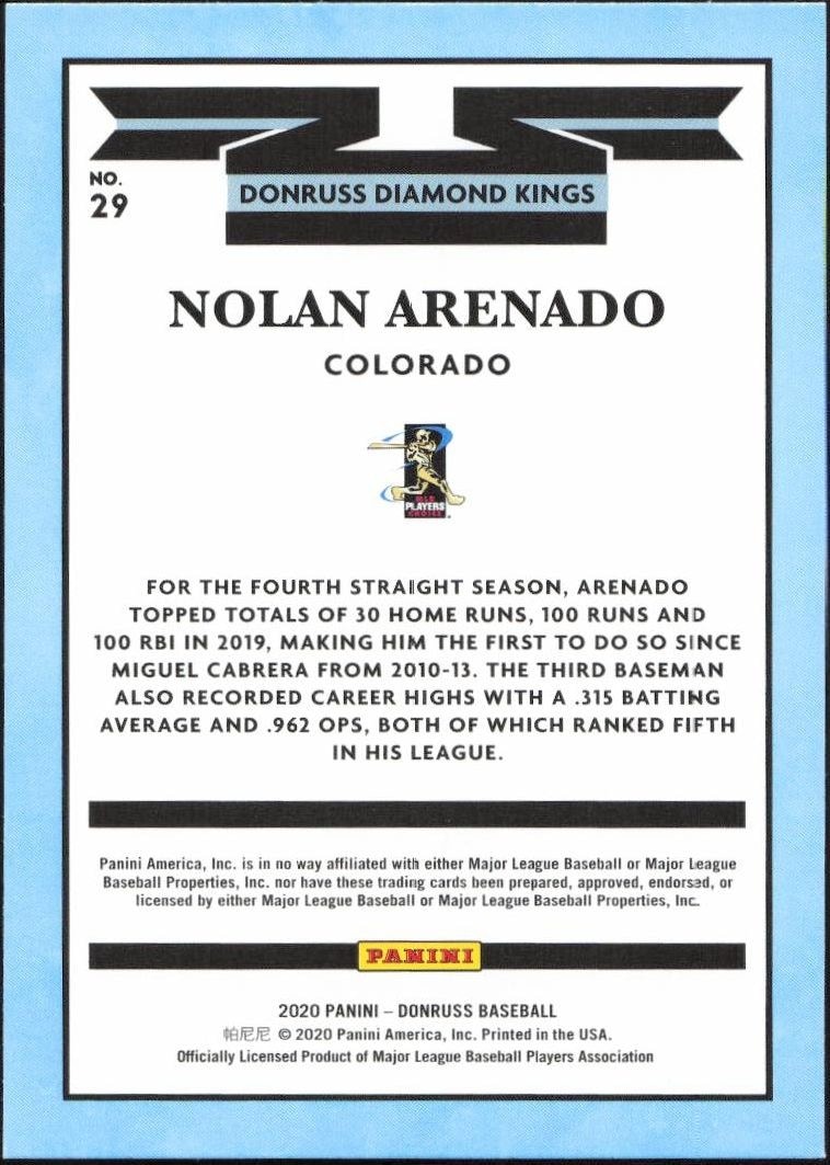 2020 Panini Donruss Nolan Arenado #29 baseball trading card back