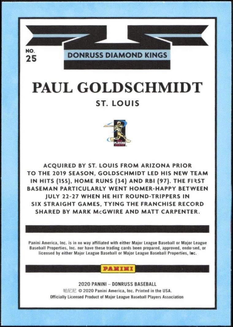 2020 Panini Donruss Paul Goldschmidt #25 baseball trading card back