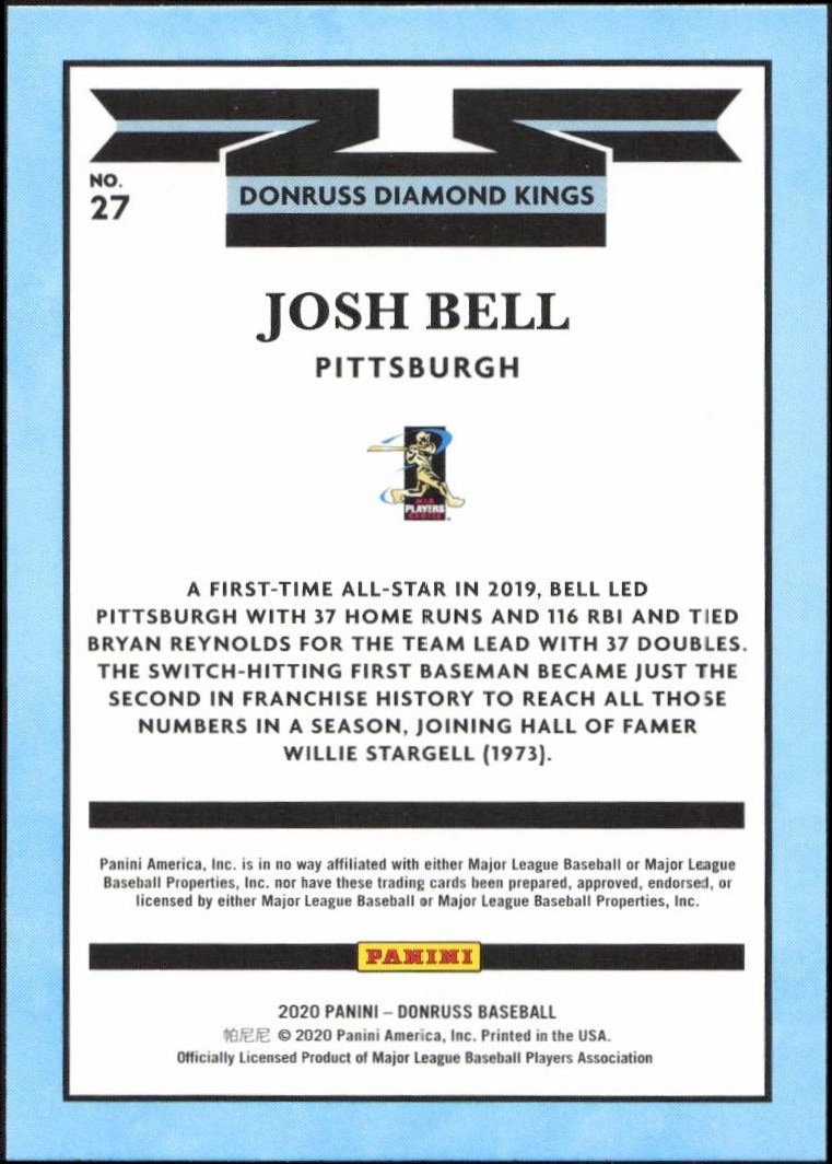 2020 Panini Donruss Josh Bell #27 baseball trading card back