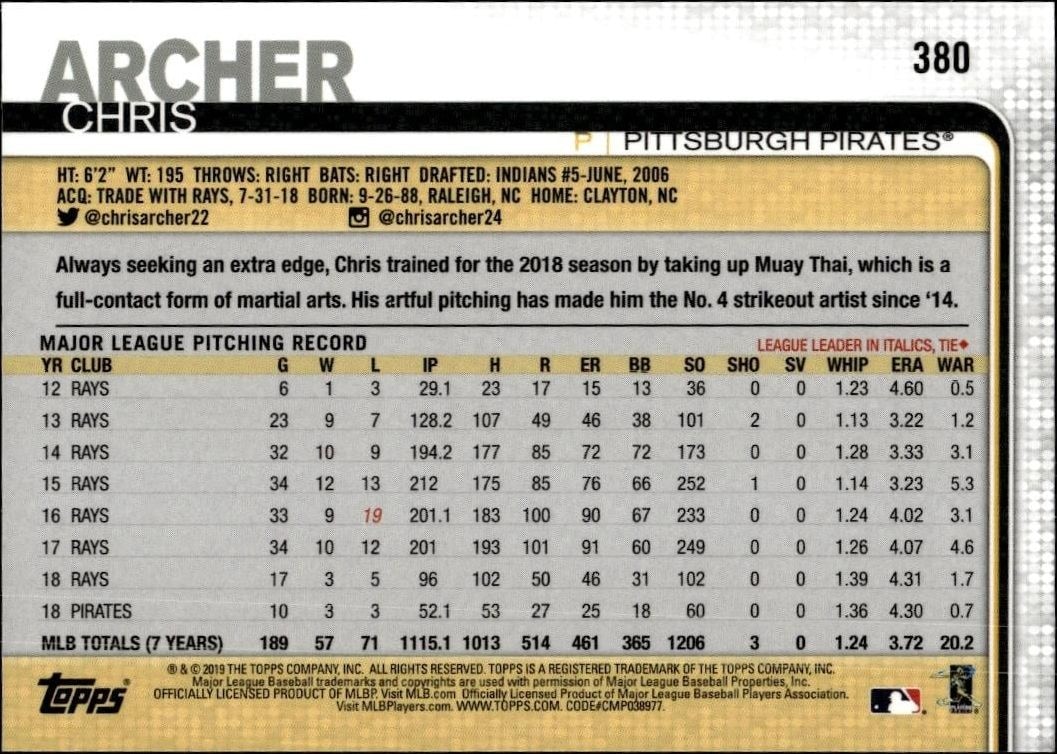2019 Topps On Demand 3D Chris Archer #380 baseball trading card back