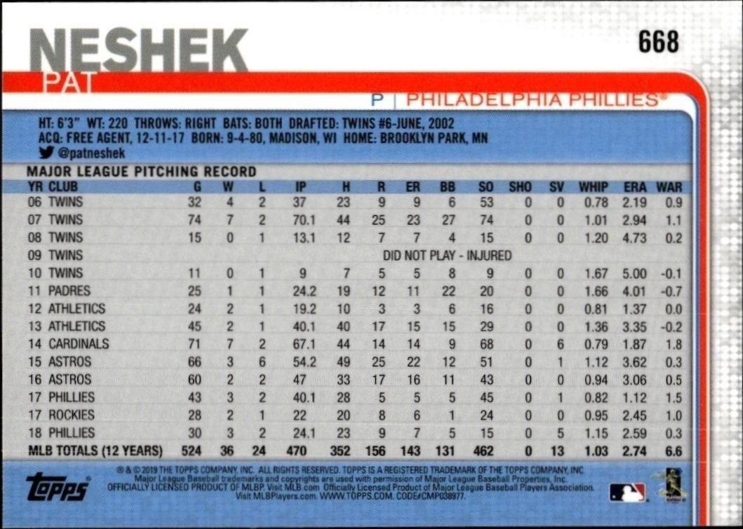 2019 Topps On Demand 3D Pat Neshek #668 baseball trading card back