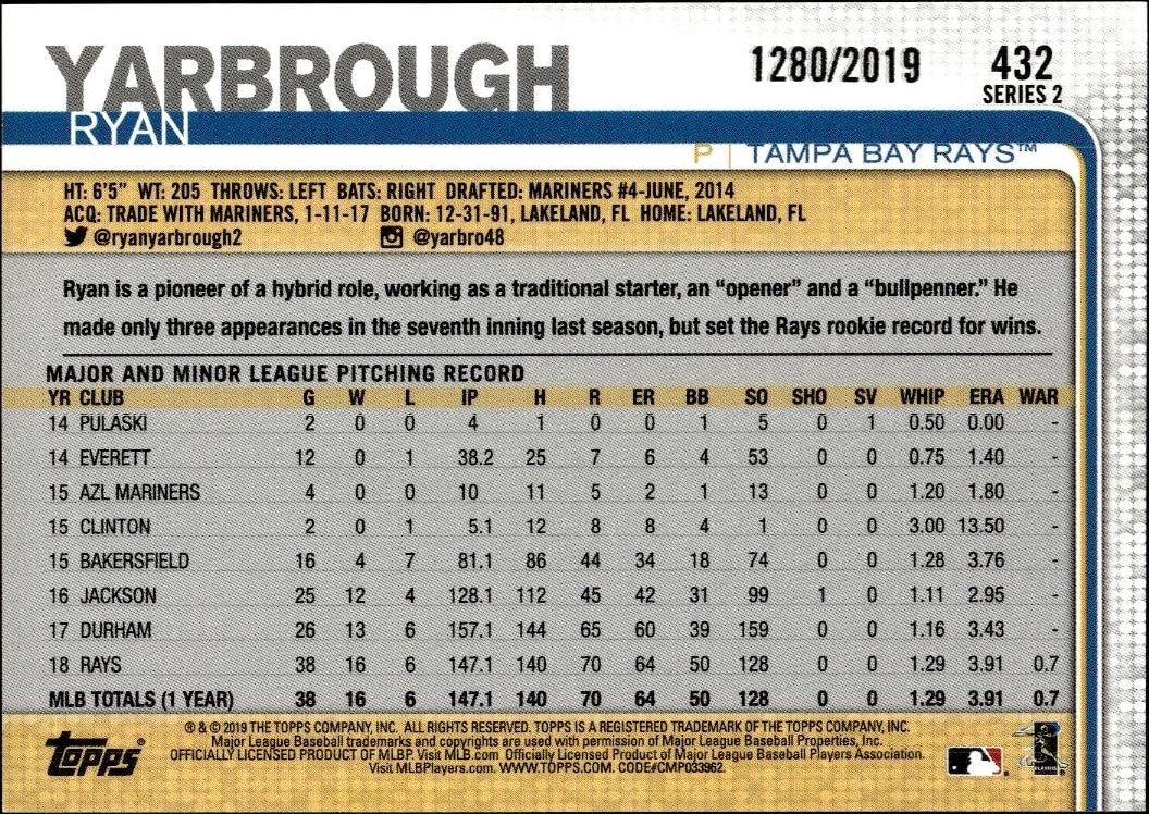 2019 Topps Ryan Yarbrough #432 baseball trading card back