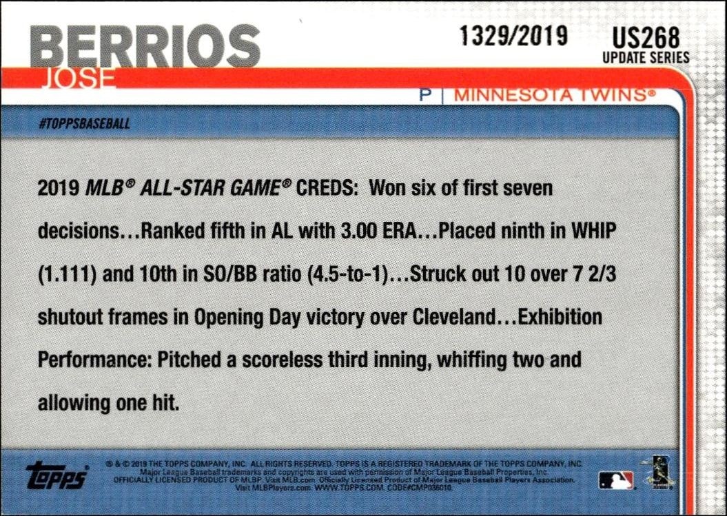 2019 Topps Update Series José Berríos #US268 baseball trading card back