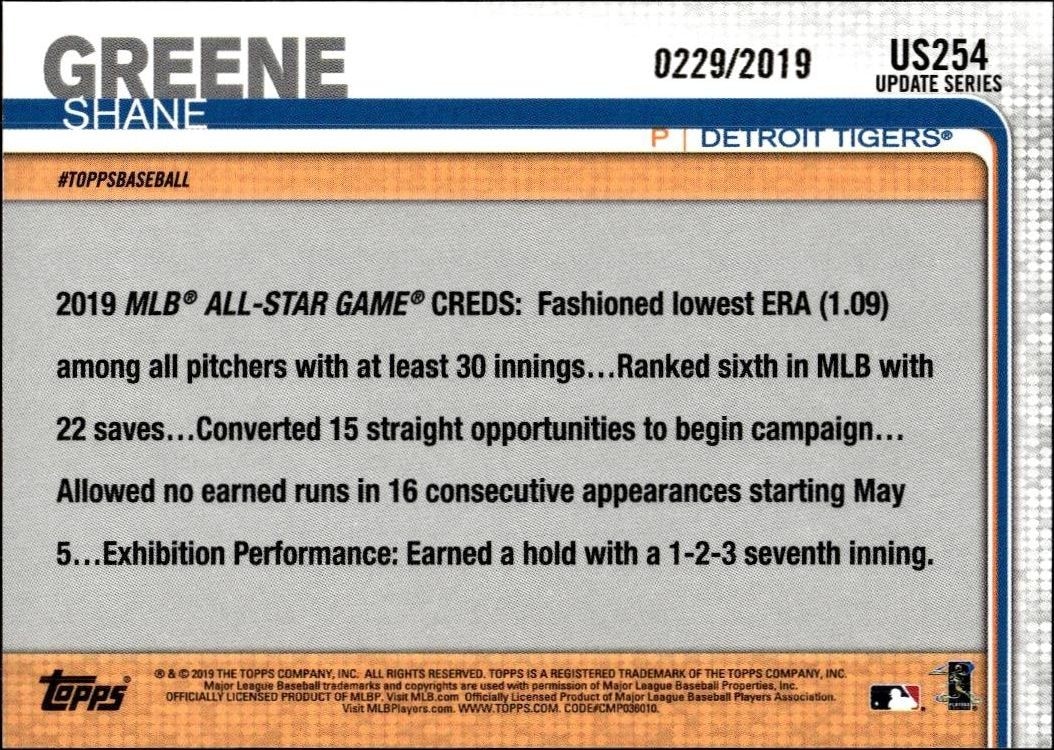 2019 Topps Update Series Shane Greene #US254 baseball trading card back