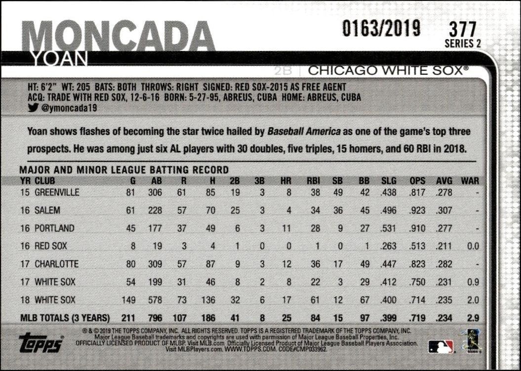 2019 Topps Yoan Moncada #377 baseball trading card back