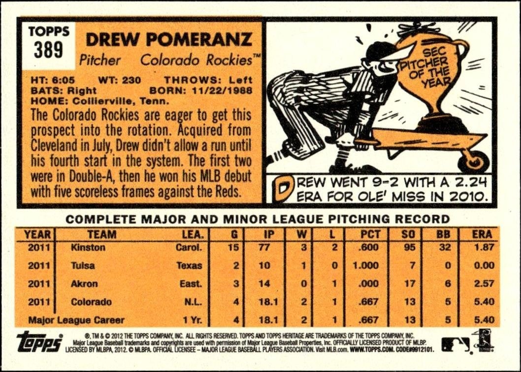 2012 Topps Heritage Drew Pomeranz #389 baseball trading card back