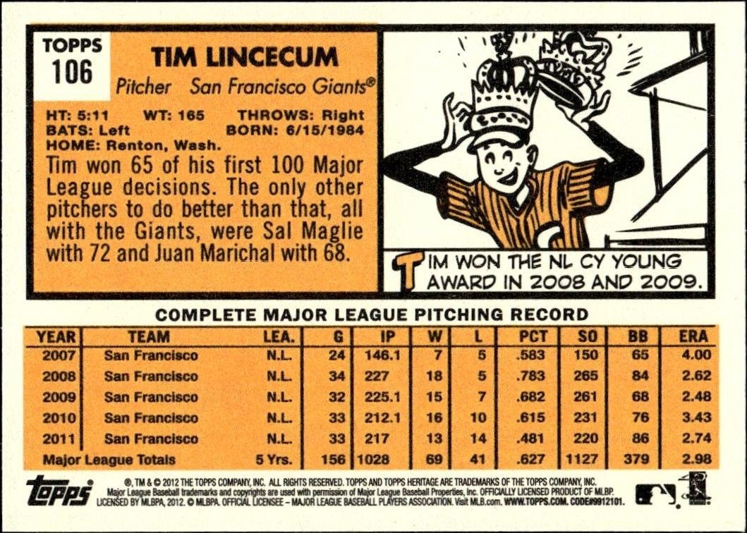 2012 Topps Heritage Tim Lincecum #106 baseball trading card back