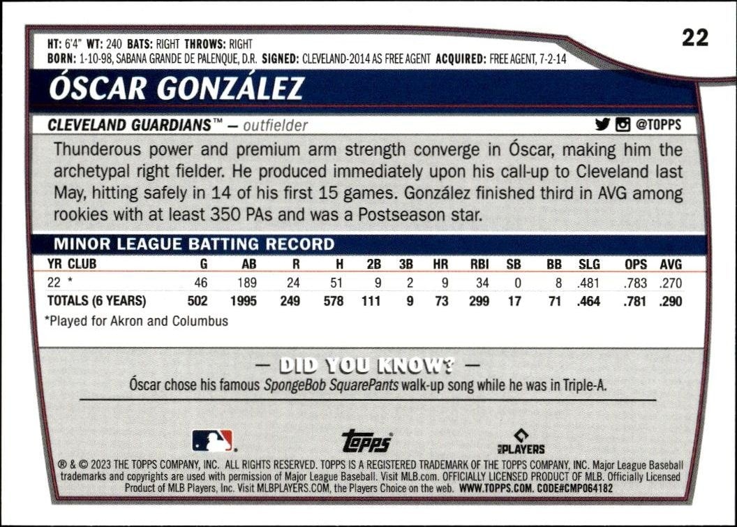 2023 Topps Big League Oscar Gonzalez #22 baseball trading card back
