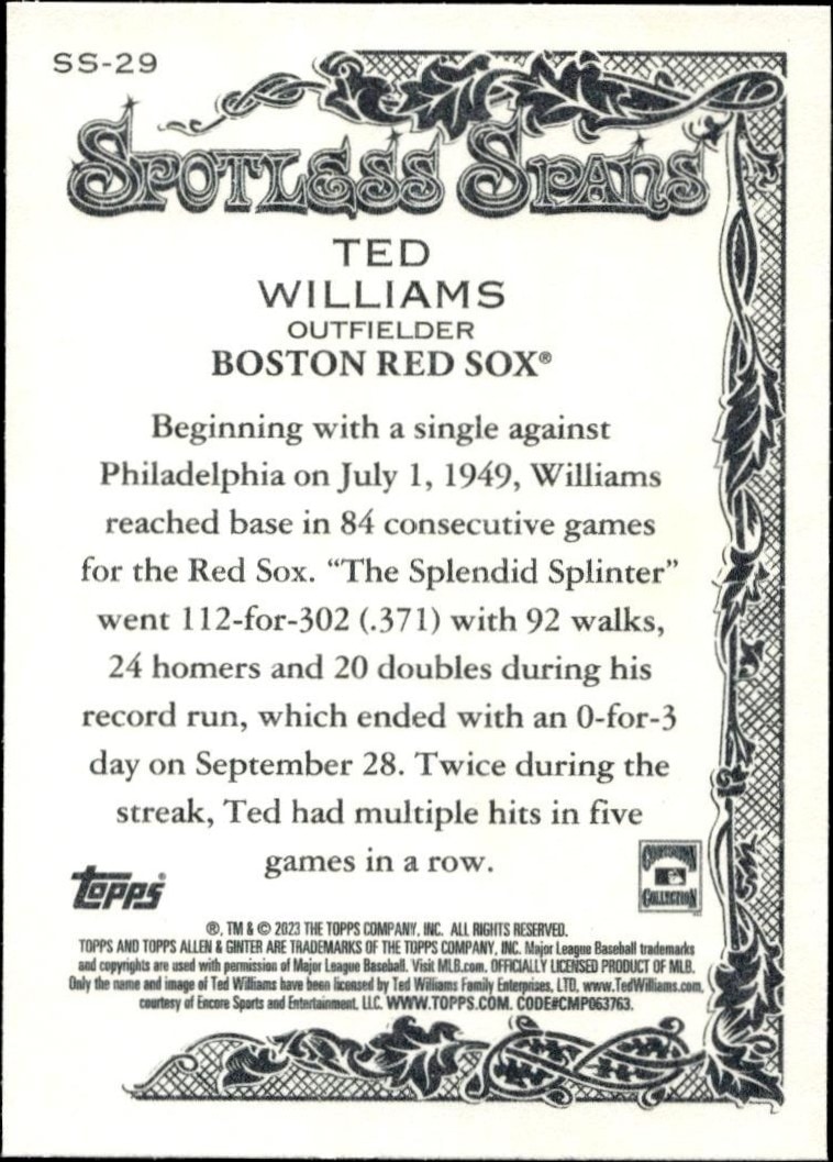 2023 Topps Allen & Ginter Ted Williams #SS-29 baseball trading card back