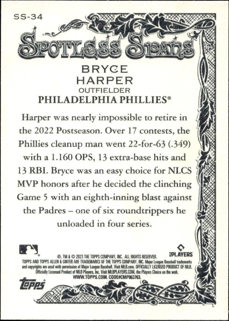 2023 Topps Allen & Ginter Bryce Harper #SS-34 baseball trading card back
