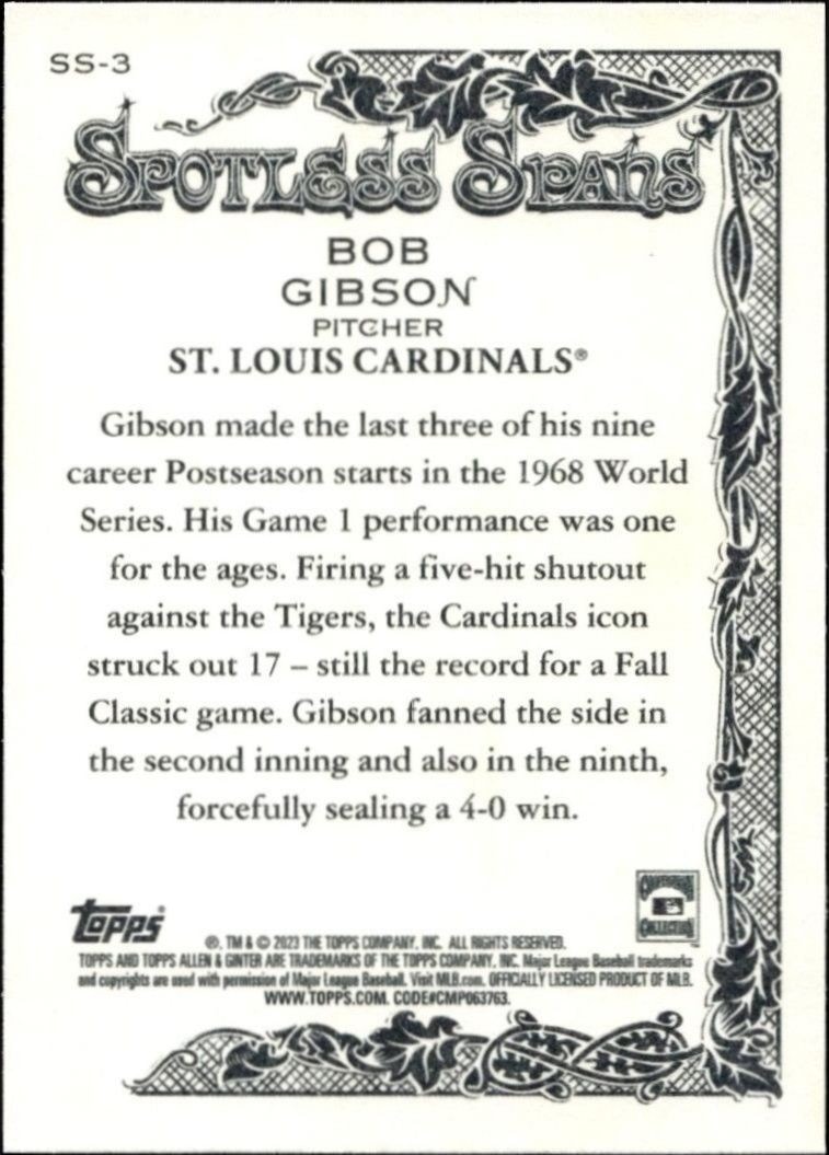 2023 Topps Allen & Ginter Bob Gibson #SS-3 baseball trading card back
