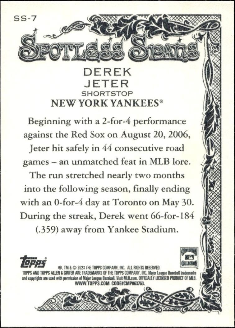 2023 Topps Allen & Ginter Derek Jeter #SS-7 baseball trading card back