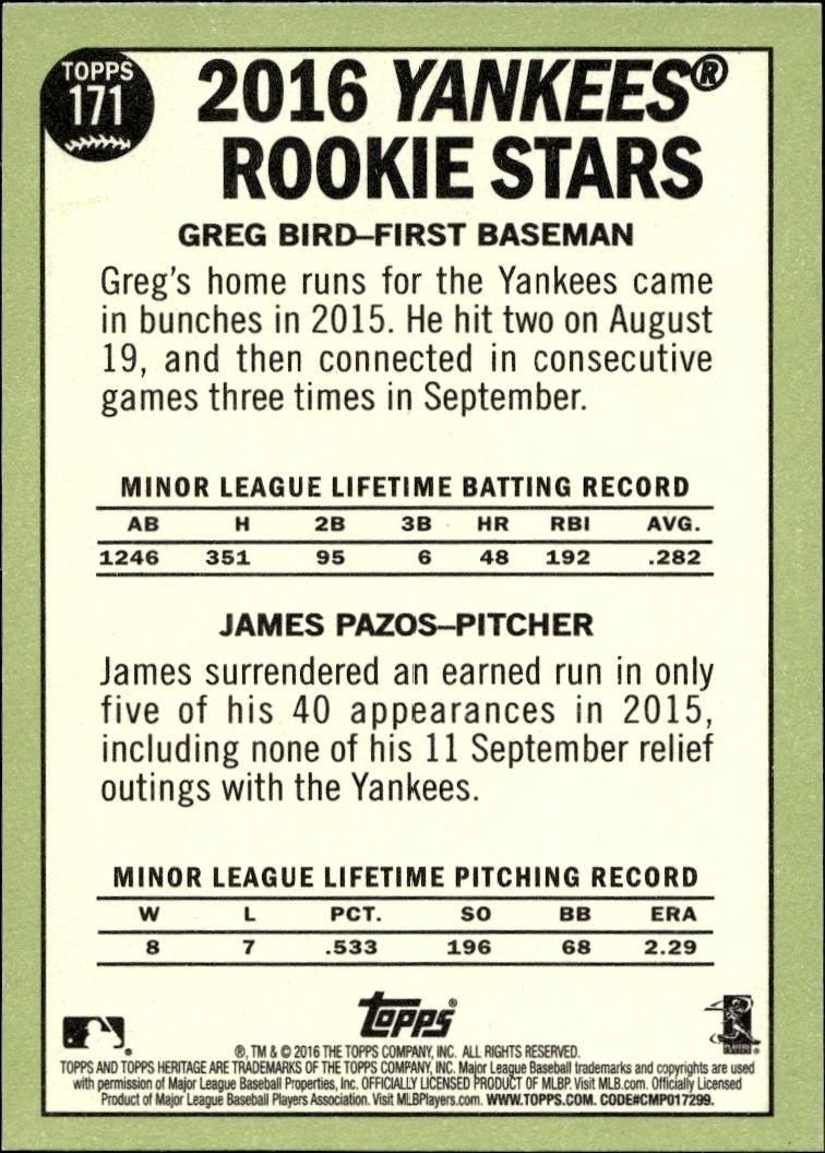 2016 Topps Heritage Greg Bird #171 baseball trading card back