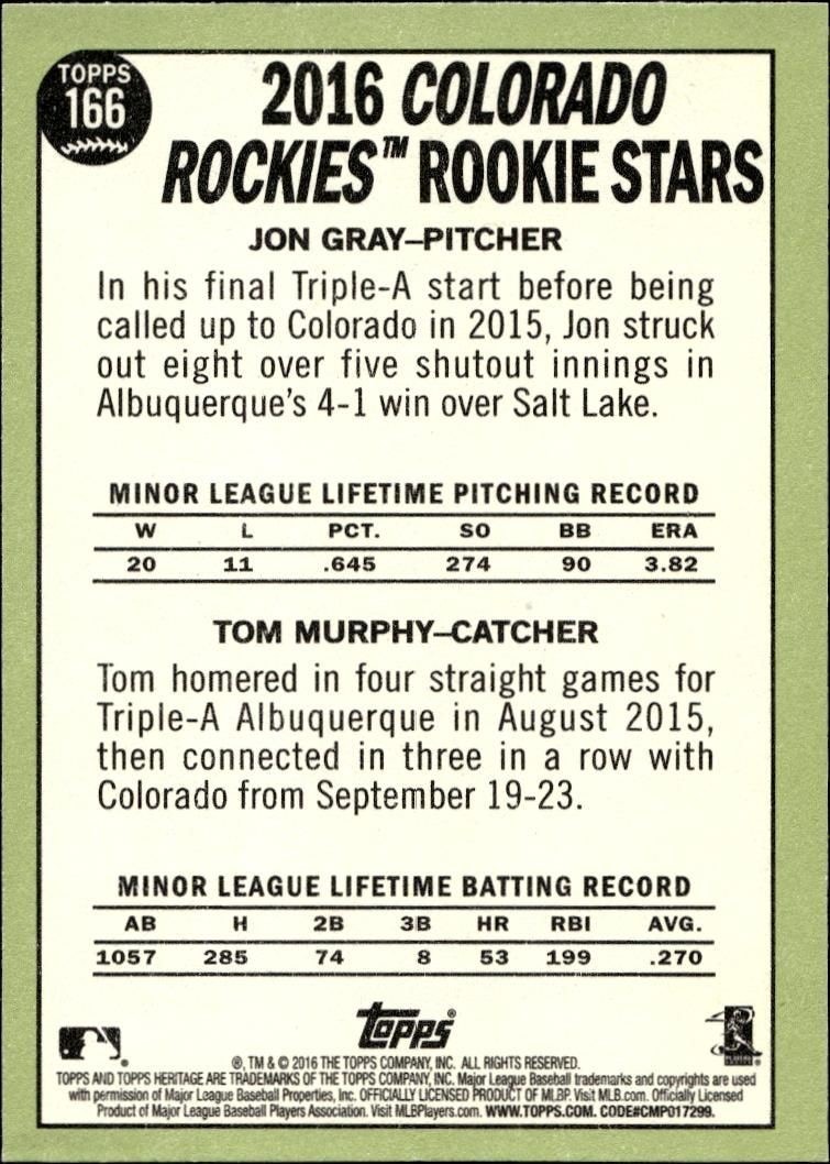 2016 Topps Heritage Jon Gray #166 baseball trading card back